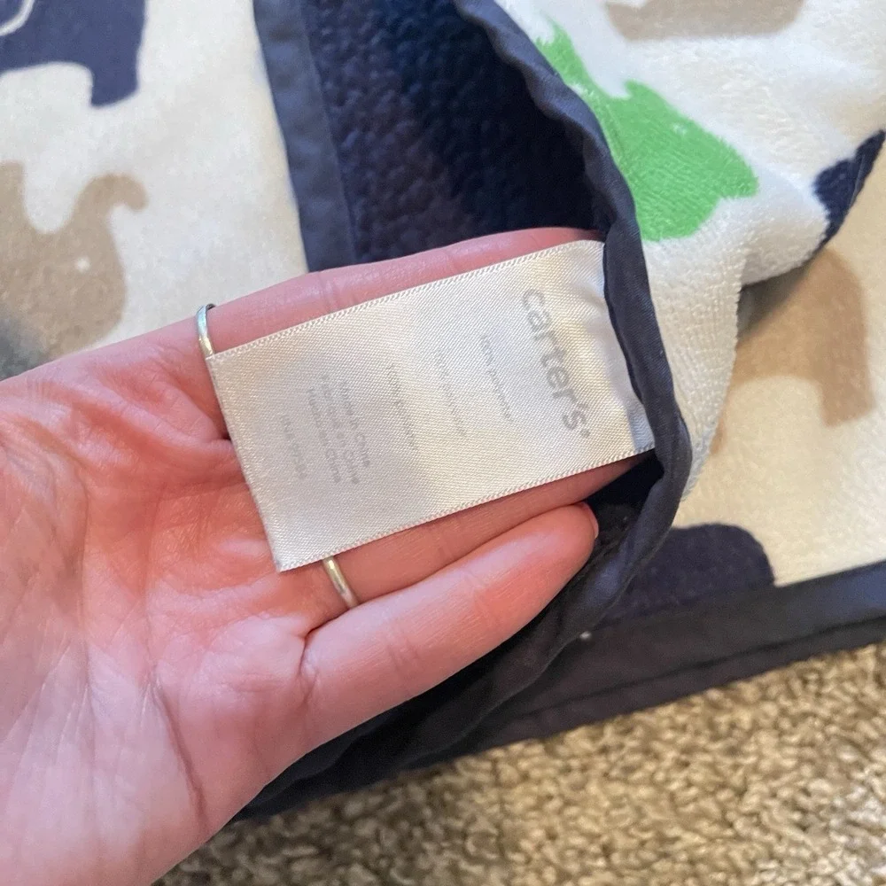 FLAW Carters Elephant Baby Blanket Navy Blue Green Tan Sherpa 30x38